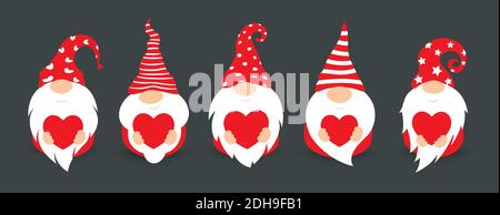 Niedliche Zwerge in roten Hüten, flache Cartoon-Stil Vektor isoliert Symbole. Kleine Zwerge mit großem Bart und rotem Herz, lustige Figuren zum Dekorieren Stock Vektor