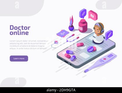 Isometrische Arzt Online-Vektor-Illustration. Arzt Assistent oder Apotheker gibt medizinische Beratung auf mobilen Gerät über Handy-Anwendung. TeleheHealth, Diagnose oder Aid Service Konzept. Stock Vektor