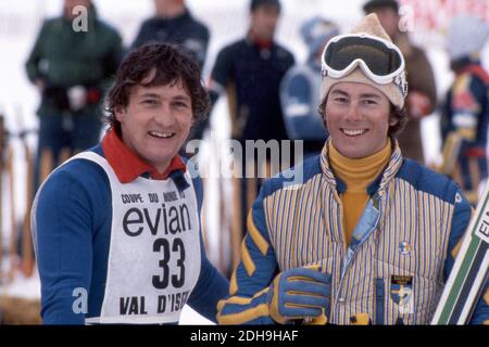 Ingemar STENMARK, SWE, Schweden, rechts, Alpinski, Skirennfahrer, und Franz KLAMMER, beim Ski World Cup am 7. Dezember 1977 in Val d‚AôIsere, Frankreich ¬ Einsatz weltweit Stockfoto