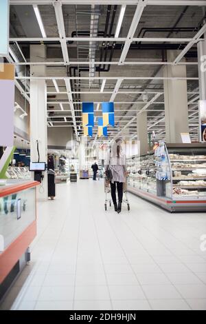 Rückansicht einer Frau, die den Einkaufswagen im Supermarkt schiebt Stockfoto