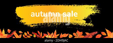 Autumn Sale schwarz Aquarell-Banner mit Herbstblättern und Ästen, mit einem Pinselstrich Stockfoto
