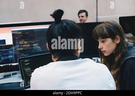 Männliche und weibliche Computerprogrammierer diskutieren am Schreibtisch Stockfoto