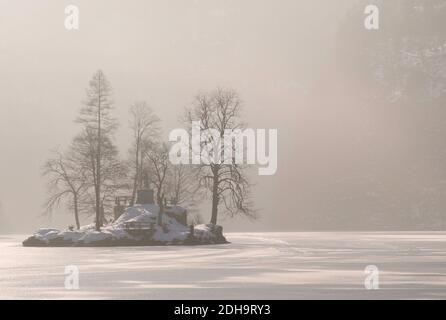 Insel im Nebel, Konigssee, Deutschland Stockfoto