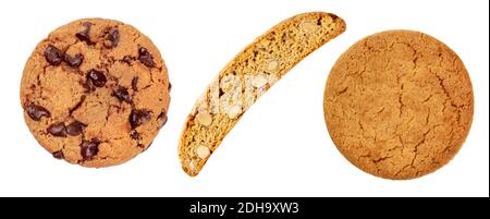 Cookies gesetzt, isoliert auf weißem Hintergrund. Chocolate Chip Cookie, Biscotti und ein Gingersnap Stockfoto