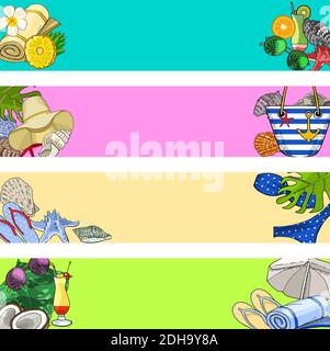 Set von Sommerferien horizontale Banner, Vektor-Illustration. Freizeit, Strand, Meer, Strandzubehör Stock Vektor