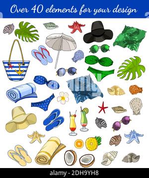 Vector Summertime Illustration Set von Strand-Accessoires isoliert auf weiß Hintergrund Stock Vektor