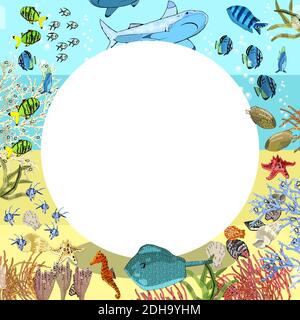 Unterwasser Banner mit exotischen Fischen, Seepferdchen, Korallen in Schwarz. Hand vector gezeichnet Stock Vektor