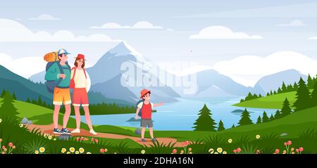 Familie in der Natur Abenteuer, Cartoon glücklich Wanderer Menschen genießen natürliche Landschaft mit Bergsee Stock Vektor