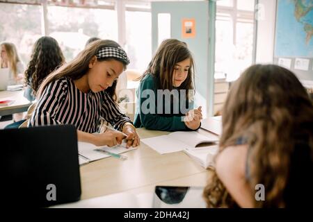 Schülerinnen studieren am Tisch im Klassenzimmer Stockfoto