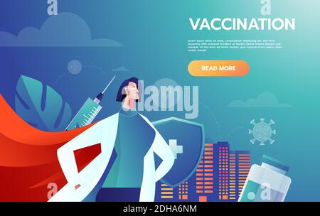 Helden Ärzte Führer Kampf Corona Virus Symptome. Ärzte Helden Vektor Kunstwerk. Ärzte kämpfen COVID-19 Symptome mit Anti Virus poste Impfstoff. Stock Vektor