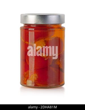 Grillsauce in Glasflasche isoliert auf weiß mit Clipping Pfad Stockfoto