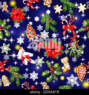 Vektor nahtlose Muster mit traditionellen Weihnachten und Neujahr Symbole. Endlose Hand zeichnen Textur für Ihre festliche Stoff, Tapete, Textil, Tuch, Stock Vektor