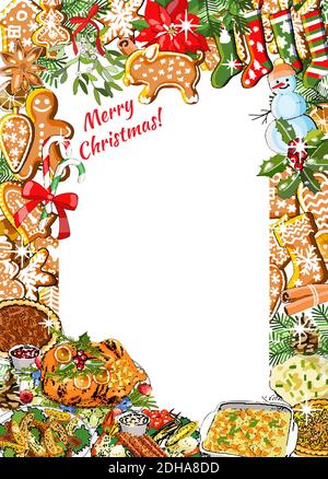 Traditionelle Weihnachts-Grußvorlage mit Mistel, Stechpalme, Tannenzapfen, Fichtenzweigen, Schneeflocken, Lebkuchen, truthahn, Cranberry-Sauce, Kuchen. Stock Vektor