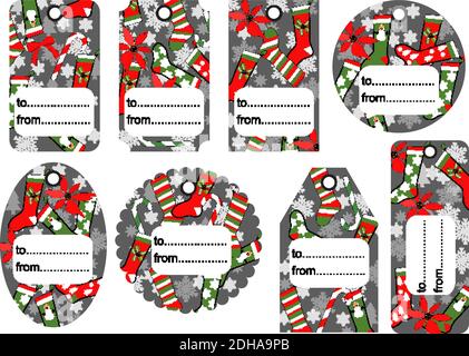 Set von Weihnachten und Neujahr Tags. Leer und als Geschenk für ein Geschenk. Festliche Papieretiketten. Flaches Design. Vektor-Design mit saisonalem Abzeichen. Stock Vektor