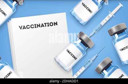 Hintergrundvorlage für Impfungen. Impfstoffspritze, Spritzeninjektion und leeres, leeres verschreibungspflichtiges Papier mit Impftext für Covid-19-Coronavirus Stock Vektor