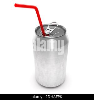 Silber Aluminium Bier oder Sodadose mit rotem Stroh isoliert Auf weißem Hintergrund Stockfoto