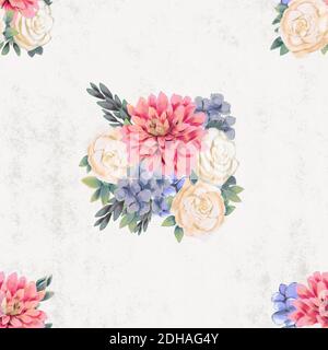 Aquarell floral nahtloses Muster. Handbemalte Blumen, Hintergrund mit Blumenstrauß, Hochzeitsdekoration. Stockfoto