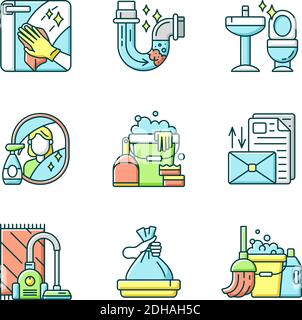 Ordnung und Sauberkeit erledigt RGB-Farbsymbole Stock Vektor