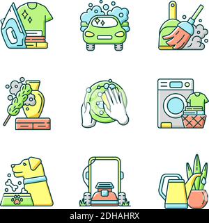Reinigung Aufgaben RGB-Farbsymbole eingestellt Stock Vektor