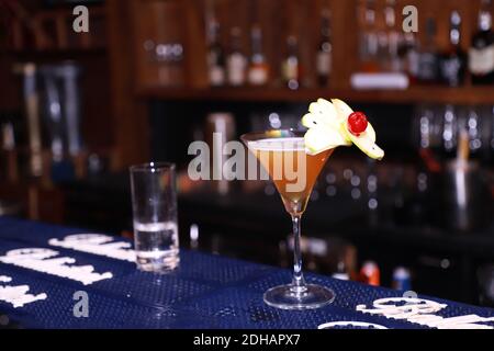 Biercocktail in martini-Gläsern mit Obst zu weihnachten dekoriert Party Stockfoto