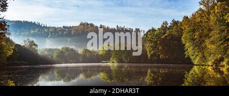 Nebelsee-Landschaft mit Herbstlaub und Baumreflexen in der Steiermark, Thal, Österreich Stockfoto