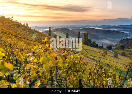 Herbstansicht von der südsteirischen Route in Österreich auf den Hügeln in Slowenien während der Sonnenaufhebung. Stockfoto