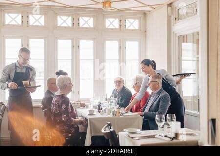 Die Besitzer servieren Kaffee für männliche und weibliche Freunde, die an ihnen sitzen Restauranttisch Stockfoto