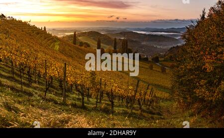 Herbstansicht von der südsteirischen Route in Österreich auf den Hügeln in Slowenien während der Sonnenaufhebung. Stockfoto