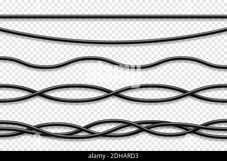 Flexible Kabelsammlung. Schwarzes Elektrokabel. Realistisches Netz- oder Netzwerkkabel. Vektorgrafik. Stock Vektor