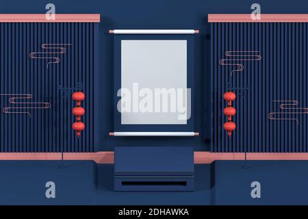 Chinesischer Stil Endtisch und dekorativer Hintergrund, 3d-Rendering. Digitale Zeichnung des Computers. Stockfoto