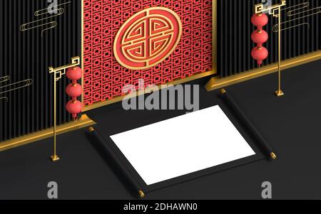 Leere chinesische alte Haspel mit festlichem Hintergrund, 3d-Rendering. Digitale Zeichnung des Computers. Stockfoto