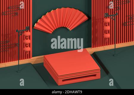 Chinesischer Stil Endtisch und dekorativer Hintergrund, 3d-Rendering. Digitale Zeichnung des Computers. Stockfoto