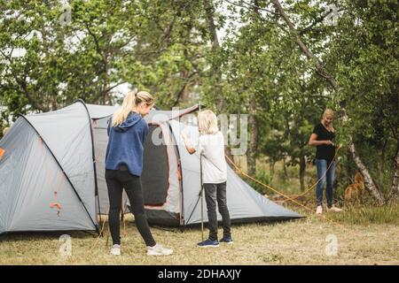 Geschwister bereiten Zelt im Wald auf Campingplatz Stockfoto