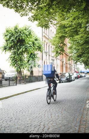 Rückansicht des Lebensmittellieferers, der auf der Straße Fahrrad fährt In der Stadt Stockfoto