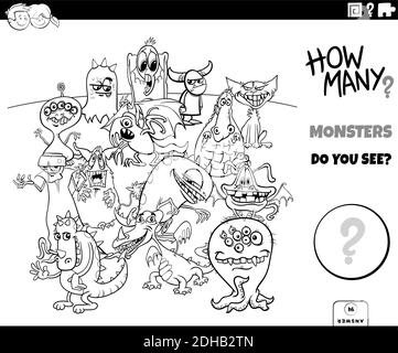 Schwarz-Weiß-Illustration der pädagogischen Zählung Spiel für Kinder Mit Cartoon Monster Fantasie Charaktere Gruppe Malbuch Seite Stock Vektor
