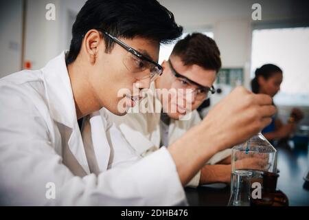 Junge männliche Studenten mischen Lösungen in Glaswaren im Chemielabor Stockfoto