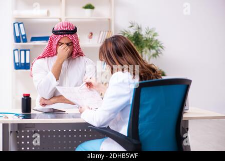 Junger arabischer Geschäftsmann besucht kaukasische Ärztin Stockfoto