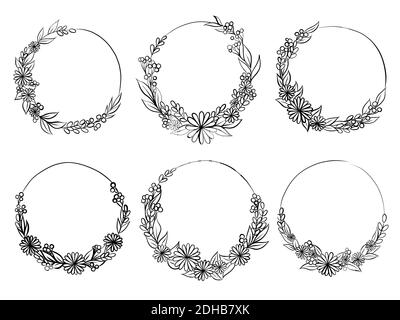 Frames, Circles Collection. Set mit 6 schwarzen Doodle Hand gezeichnet Dekorative umrissene Kränze mit Zweigen, Kräutern, Pflanzen, Blättern und Blumen, Blumen. Stock Vektor