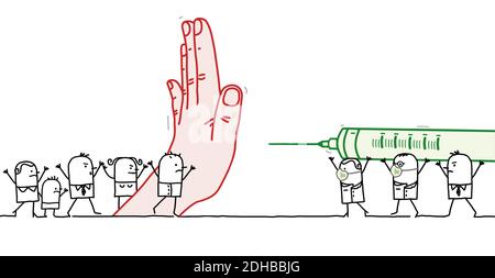 Hand gezeichnet Cartoon protestieren Menschen, stoppen Impfstoff-Team Stock Vektor