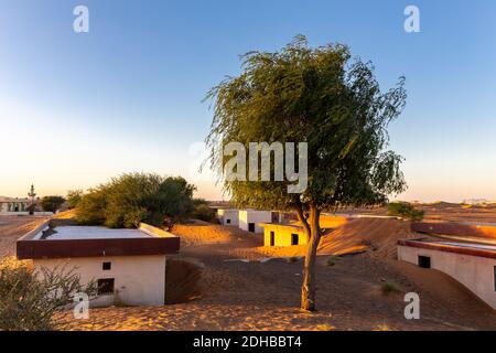Al Madam Geisterstadt Landschaft, Dorf in Sanddünen begraben, von bösen djinn gejagt, in der Wüste von Sharjah, Vereinigte Arabische Emirate, Sonnenuntergang. Stockfoto