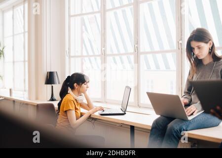 Weibliche Kollegen, die Laptops am Schreibtisch gegen das Fenster im Büro benutzen Stockfoto