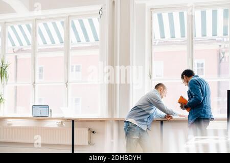 Männliche Computerprogrammierer diskutieren am Schreibtisch durch Fenster im Büro Stockfoto
