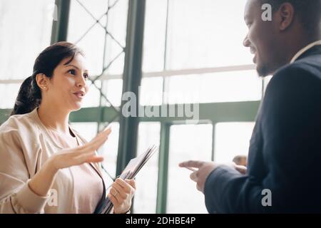 Geschäftsfrau teilt Ideen mit männlichen Kollegen in der Besprechung im Büro Stockfoto