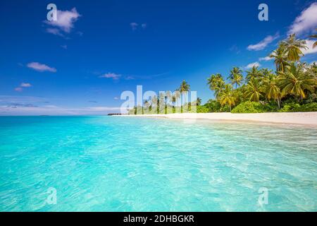 Wunderschönes tropisches Strandbanner. Weißer Sand und Kokopalmen Reisen Tourismus Panorama. Erstaunlich inspirieren Strandlandschaft. Luxusurlaub auf der Insel Stockfoto