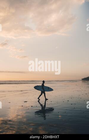 Silhouette Mann mit Surfbrett zu Fuß am Strand während des Sonnenuntergangs Stockfoto