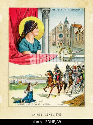 Altkolorit Lithographie Porträt von Saint Genevieve von Paris (422-512) Sainte Genevieve, französische Nonne und saint. Die abbaye Sainte Genevieve. Sainte Genevieve fleht Attila an, barmherzig zu sein und die Stadt Paris zu verschonen. Frankreich. Les Français Illustres von Gustave Demoulin 1897 Stockfoto