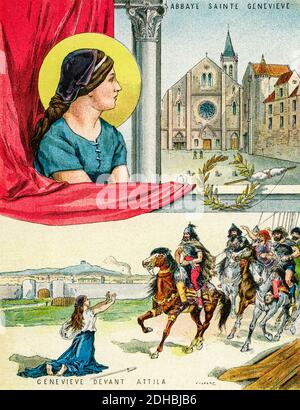 Altkolorit Lithographie Porträt von Saint Genevieve von Paris (422-512) Sainte Genevieve, französische Nonne und saint. Die abbaye Sainte Genevieve. Sainte Genevieve fleht Attila an, barmherzig zu sein und die Stadt Paris zu verschonen. Frankreich. Les Français Illustres von Gustave Demoulin 1897 Stockfoto