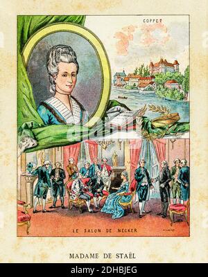 Altfarbenlithographie Porträt von Anne-Louise-Germaine Necker, Baronin von Staël-Holstein (Paris 1766-1817), bekannt als Madame de Staël. Genfer und französischer Schriftsteller, Schriftsteller und Philosoph. Autor und politischer Propagandist. Frankreich. Les Français Illustres von Gustave Demoulin 1897 Stockfoto