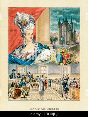 Altkolorit Lithographie Porträt von Marie-Antoinette Josèphe Jeanne de Habsbourg-Lorraine (1755-1793) von Guillotine am 16. Oktober 1793 auf dem Place de la Révolution in Paris getötet, war Königin von Frankreich und Navarra von 1774 bis 1791, Dann Königin der Franzosen von 1791 bis 1792 war sie die letzte Königin des alten Regimes. Frankreich. Les Français Illustres von Gustave Demoulin 1897 Stockfoto