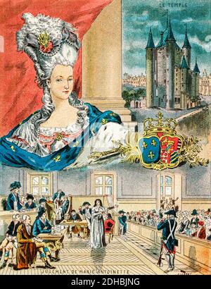 Altkolorit Lithographie Porträt von Marie-Antoinette Josèphe Jeanne de Habsbourg-Lorraine (1755-1793) von Guillotine am 16. Oktober 1793 auf dem Place de la Révolution in Paris getötet, war Königin von Frankreich und Navarra von 1774 bis 1791, Dann Königin der Franzosen von 1791 bis 1792 war sie die letzte Königin des alten Regimes. Frankreich. Les Français Illustres von Gustave Demoulin 1897 Stockfoto